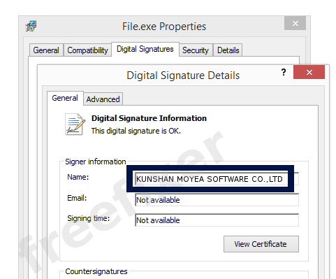 Screenshot of the KUNSHAN MOYEA SOFTWARE CO.,LTD certificate